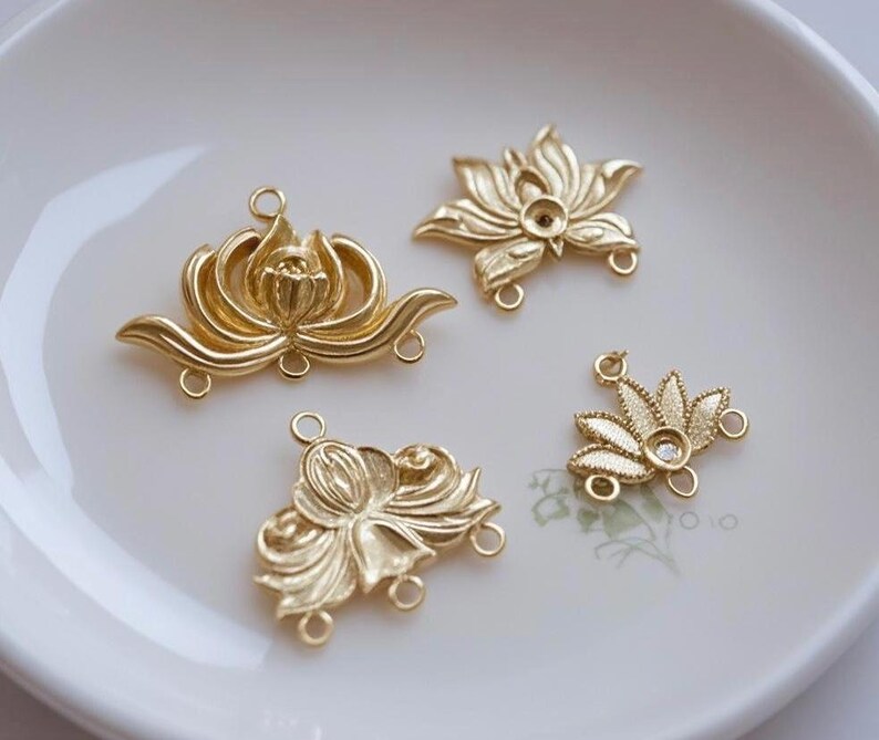 Gold Lotus Flower Charms - Floral Connectors for Jewelry Making (8pcs) image 2