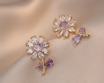 Lila prästkrageberlock, guldfärgat blommahänge med strass för att tillverka fint halsband och örhängen, 2 st.