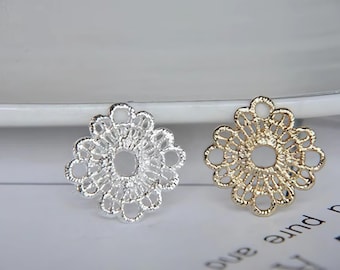 Filigree Square Charm Pendants, Openwork Lace Floral Links for Chandelier Earring Making 4pcs