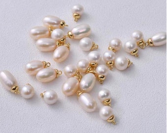 Freshwater Pearl Dangles, White Teardrop Pearl Charms with Gold Loops for Earring Making 4pcs