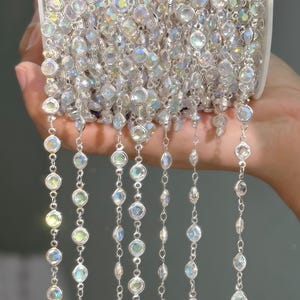Silver Crystal Teardrop Dangle Chain, Clear Rhinestone Drop Chain for Necklace Making（2meter）