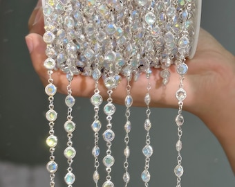 Silver Crystal Teardrop Dangle Chain, Clear Rhinestone Drop Chain for Necklace Making（2meter）