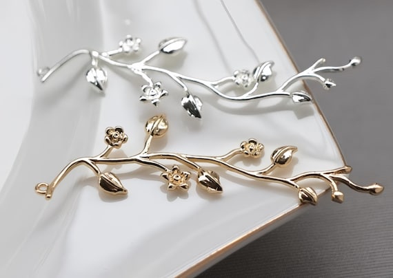 Vintage tree Branch Charms - Gold/Silver Vine Link Charms, Botanical Jewelry Findings, Cottagecore Rustic Supplies (4pcs)