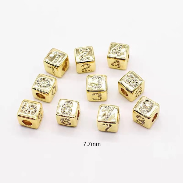 1 pc 14K Gold Initial and Number Beads - Micro Pave Arabic Numeral Dice Beads for Jewelry Making - Bracelet Charms and Necklace Supplies