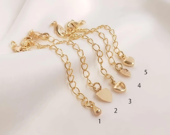 Gold Extender Chains with Heart Charm, Dainty Necklace Extension, Coquette Bracelet Adjuster, DIY Jewelry Findings 6pcs