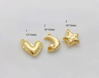 Gold Plated Heart Moon Star Charms - Celestial Pendants for Jewelry Making (8pcs)