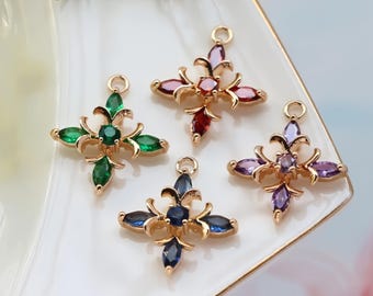 6pcs flower Crystal Glass Connectors | Rhinestone Faceted Pendants with Brass Findings for Jewellery Crafting