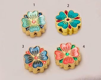 Cuentas espaciadoras de esmalte champlevé, cuentas redondas de latón con estampado floral de colores para la creación de pulseras bohemias (4 unidades)