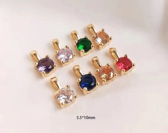 Round Birthstone Charms, Gold Plated Cubic Zirconia Pendants for Dainty Necklace Making 6pcs