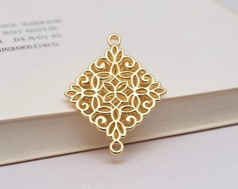 Gold Filigree Diamond Connector Charm, Ornate Floral Link Pendant, DIY Jewelry Making  10pcs