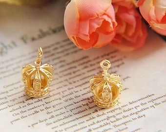 Crown Charms, Gold Plated Mini Tiara Pendants for Princess Earrings Necklaces 6pcs