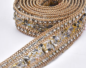 Crystal Rhinestone Trim , Silver Beaded Mesh Ribbon for Bridal Dress Embellishment (1 Meter)