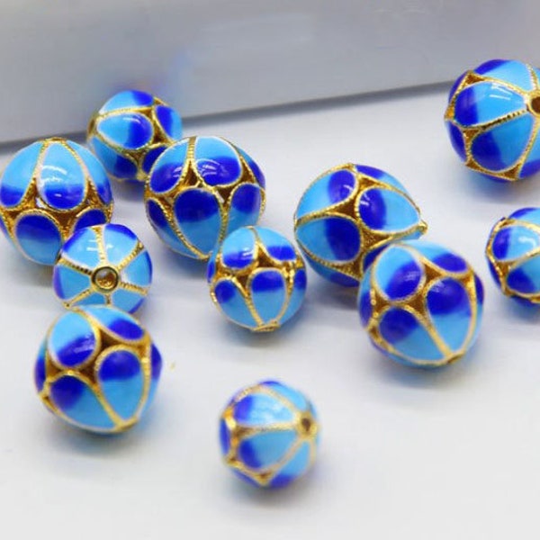 cloisonne pendant - cloisonne beads  - 4pcs brass plated gold bluish blue bead mr04