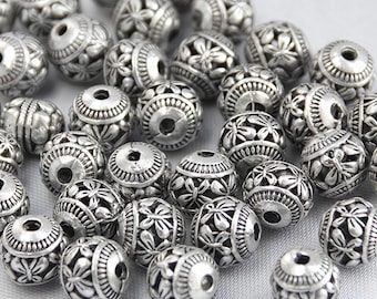 Antike Silber Trommel Perlen: Floral legierte Spacer Perlen für die Schmuckherstellung (10 Stück)