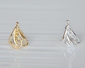 Filigree Cone Caps , Bell Shaped Metal Bead Ends for Tassel Dangle Earring Making  8 pcs