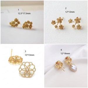 Gold Plated Brass Flower Earrings Stud ,Elegant Floral Jewelry Accessory 4pcs