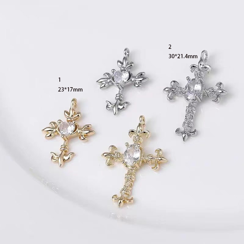 4pcs Diamond Chrome Hearts Cross Charm - Copper Plated Gold for