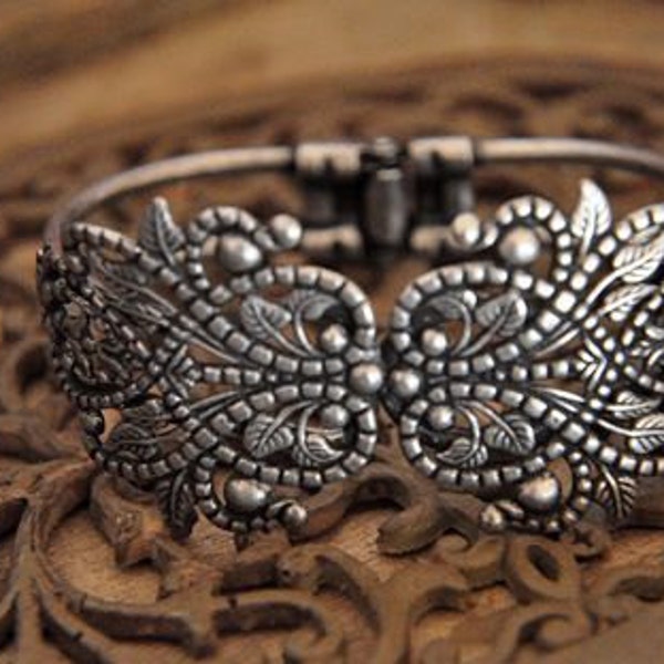5 pièces de bracelets manchette vierges - Bracelet filigrane vierge - Placage de laiton brut, fleur en argent antique, bracelet en filigrane, pendentif
