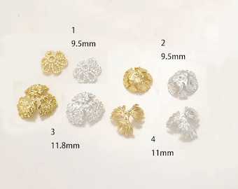 Gold and Silver Filigree Flower Bead Caps with Hole | Brass Metal Bead Caps for Jewelry Making Supplies  10pcs