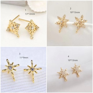 May include: Four pairs of gold-tone earring charms with crystal accents. The charms are shaped like a square, snowflake, and star. The charms are 13 x 12 mm, 10 x 15 mm, 11 x 9 mm, and 10 x 13 mm.