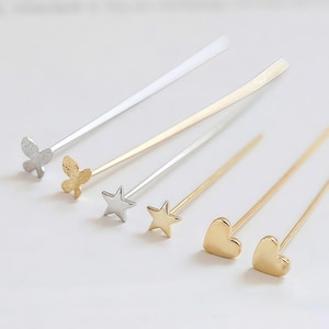 Alfinetes decorativos de cabeça, alfinetes de metal dourados em formato de borboleta, estrela e coração para confecção de brincos com miçangas.