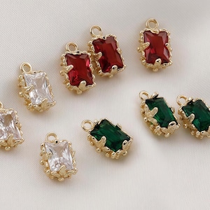 Rectangular Zircon Charms, Emerald Ruby Crystal Pendants for Dainty Necklaces, Old Money Royalcore Jewelry Supply (6pcs)