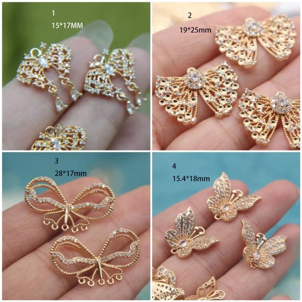 Accessoires d'ailes de papillon en zircon et diamants plaqués laiton en or 14 carats | Fournitures de fabrication de bijoux à bricoler soi-même 4 pièces