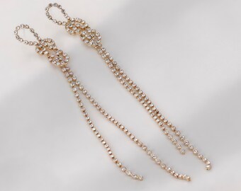 Gold Rhinestone Tassel Drop Earrings | Dainty Knotted Chain Sparkle Earrings for Evening Wear （4pcs)