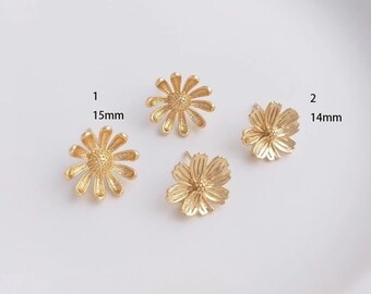 Flower Stud Earrings Findings, Gold Plated Brass Floral Ear Posts for DIY Earrings 6pcs