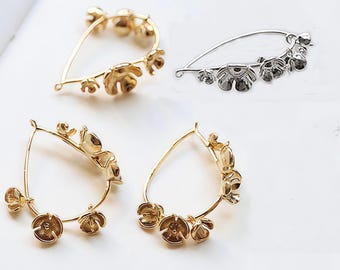 Rose Hoop Earring Finding, Gold Plated Floral Wire Hoops for Romantic Botanical Jewelry Making 4 pcs