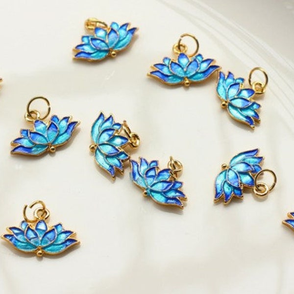 blue lotus oil - lotus charms - cloisonne pendant - cloisonne beads - 4pcs brass plated gold bluish blue cloisonne lotus  bead
