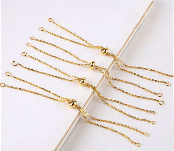 Adjustable Slider Bracelet Chain, Gold Plated Box Chain Extender with Stopper Bead for Custom Jewelry Making  (3pcs)