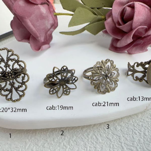 Antique Brass Adjustable Filigree Rings - Jewelry Ring Blanks for Custom Designs  5pcs