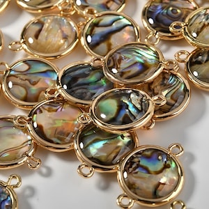 Natürlicher Abalone-Muschelstecker, runde Doppelschleifen-Link für Ocean-Thema-Armband, Boho-Halsketten-Mittelstück, DIY-Herstellung (6 Stück)