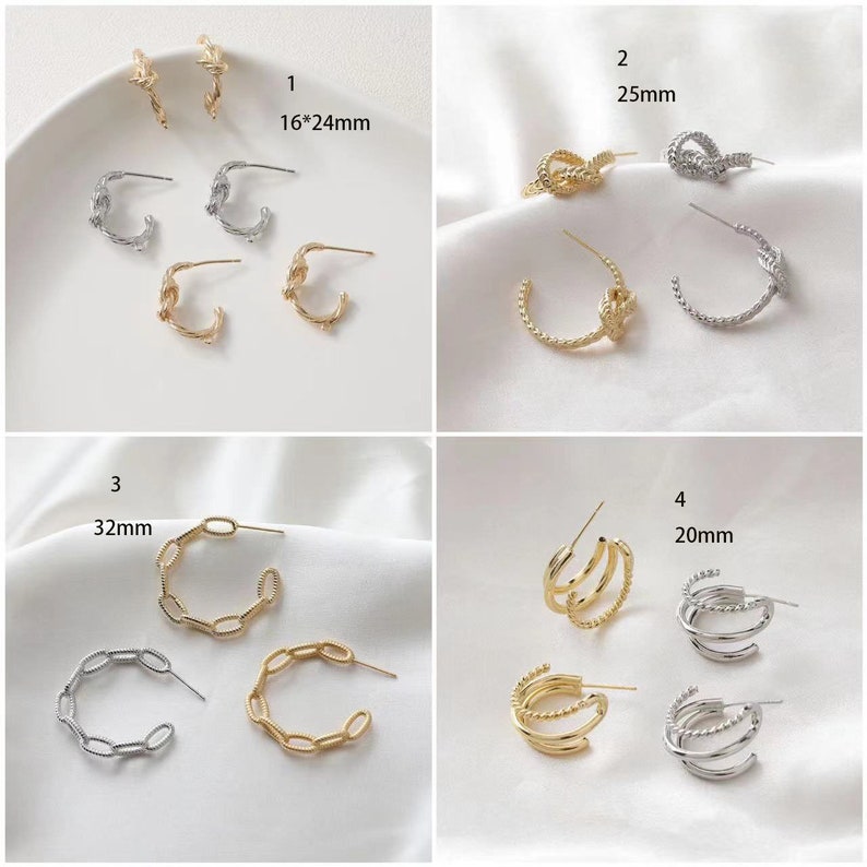 14K Gold Plated Brass C Ear Studs silver earrings studs Geometry Earring Studs With 925 Sterling pin 4pcs image 1