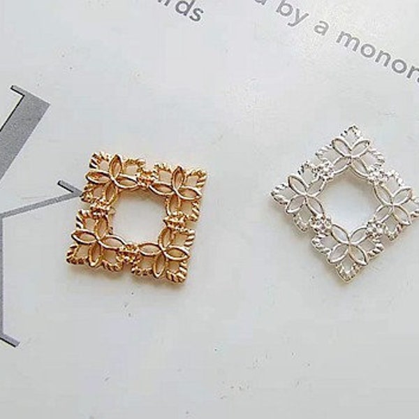 Square Brass Filigree Connectors | Cab Base for DIY Jewelry Making | Silver & Gold Plated Copper Wraps