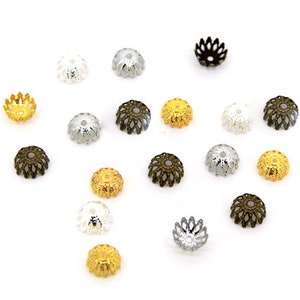 50pcs Gold, silver and Bronze Filigree Flower Bead Caps with Hole | Brass Metal Bead Caps for Jewelry Making Supplies