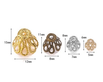 50pcs Filigree Flower Bead Caps: Gold, Silver, Bronze Jewelry Supplies