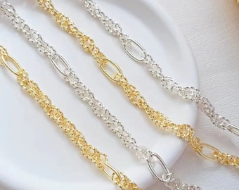 Ovale schakelketting met textuur, goud- en zilverkleurige getrokken kabelketting voor het maken van kettingen 1 meter