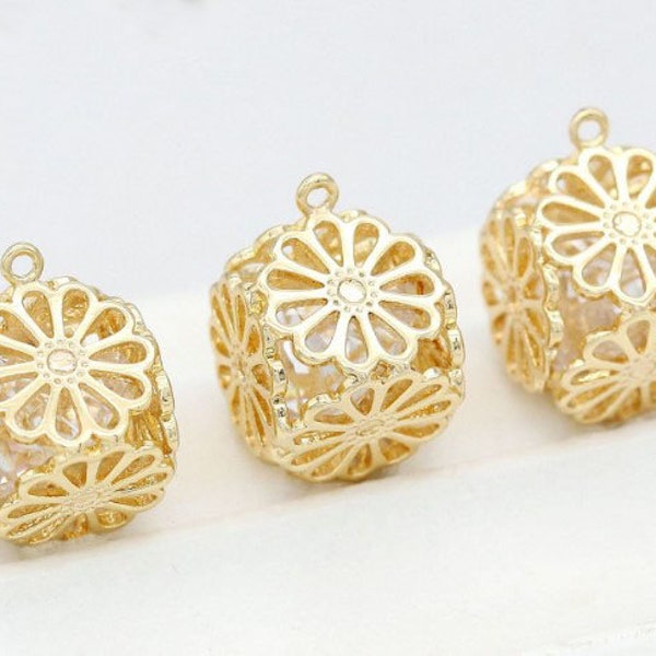 gold filigree ball - cubic filigree ball - 4 pcs raw Brass plating gold connector  pendant finding