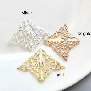 Filigree Corner Charms - Gold，silver plated brass triangular charms for DIY Craft Supplies 10pcs