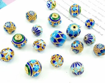 Cloisonne Pendant | Cloisonne Beads | Brass Plated Gold Bluish Blue Cloisonne Beads 4pcs