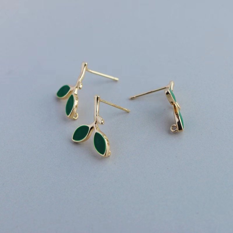 14K Gold Plated Brass Green Leaf Ear Studs - Plant Earring Studs With 925 Sterling Silver Pin 6pcs