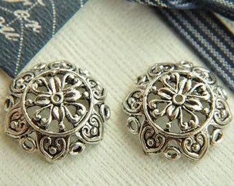 Antique Silver Filigree Flower Bead Caps with Hole | Metal Bead Caps for Jewelry Making Supplies 10pcs