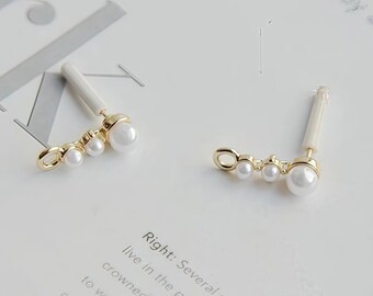 Pearl Ear Post Stud Findings, Gold Tone Brass Posts with Pearl Dangle for DIY Earrings 8pcs