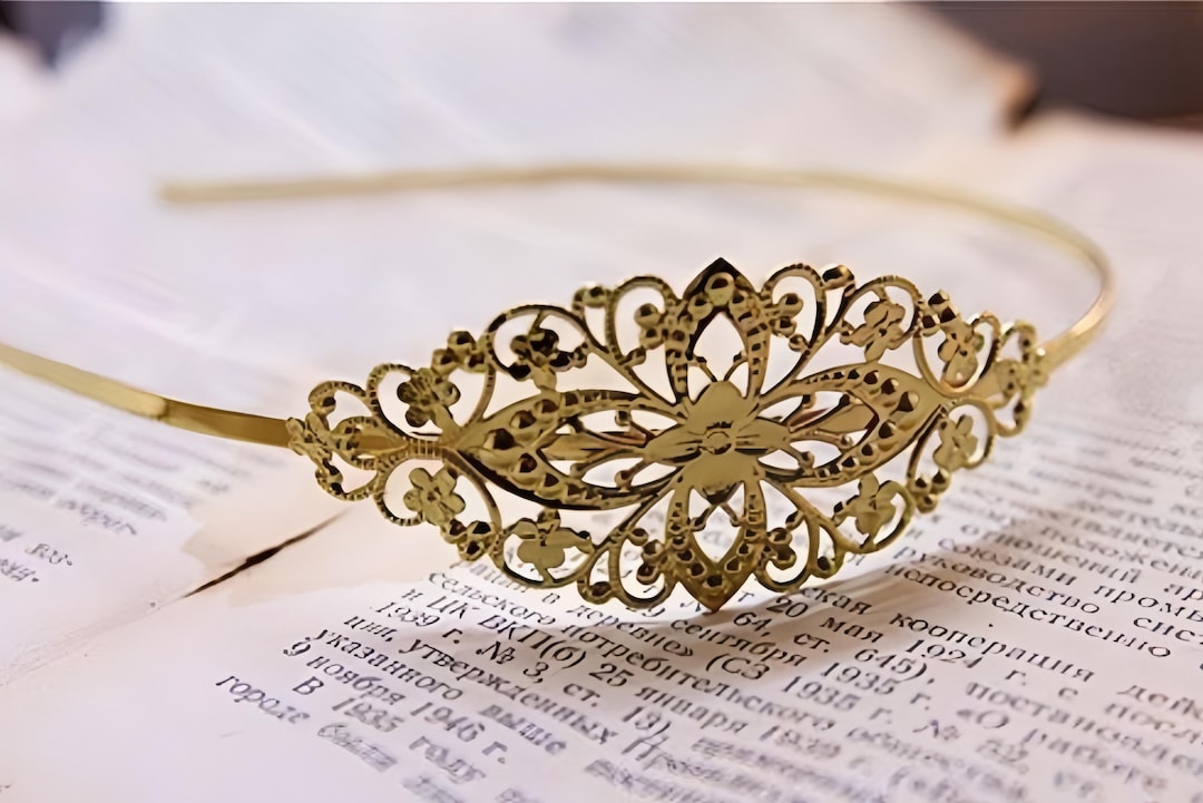 Gold Filigree Headband | Ornate Floral Lace Tiara | Elegant  display picture 2