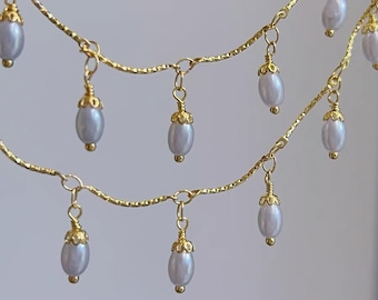 Gargantilla con flecos de perlas - Cadena de cuentas estilo retro francés para joyería delicada con perlas doradas (50 cm)