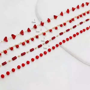 Rosary Beaded Chain - enamel bead chain - Red Beaded Chain -  Wire Wrapped Chain   - ball bead  chain for DIY jewelry 1 meter