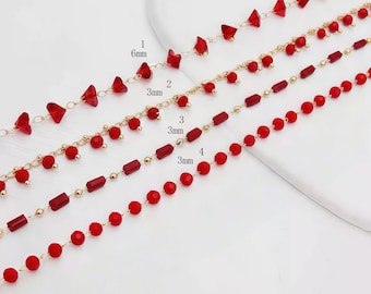 Red Beaded Rosary Chain, Gold Tone Enamel Station Chain by the Foot for Layered Necklace Bracelet Making 1 meter