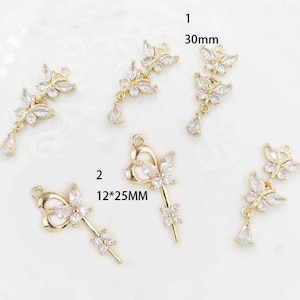 Cubic Zirconia Flower Charm - filigree connectors - Copper plated micro-inlaid zircon hanging flower connector 4pcs